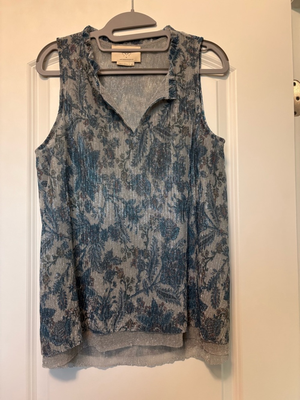 Anthropologie Sleeveless Floral Shimmering Top - Blue/Grey/Silver Size M
